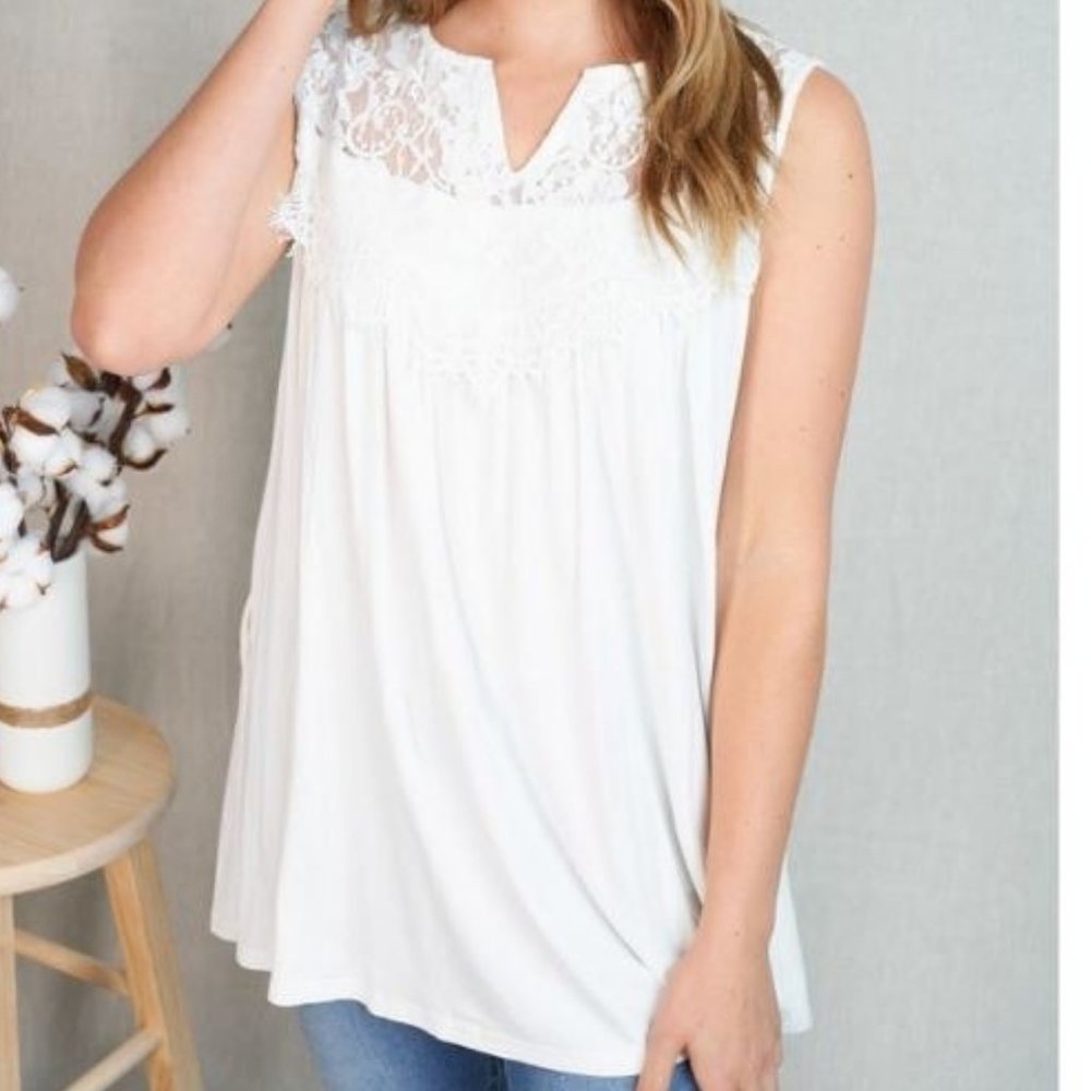 Lace Trim Sleeveless Top with Pockets - White - Small, Medium, Large, XL